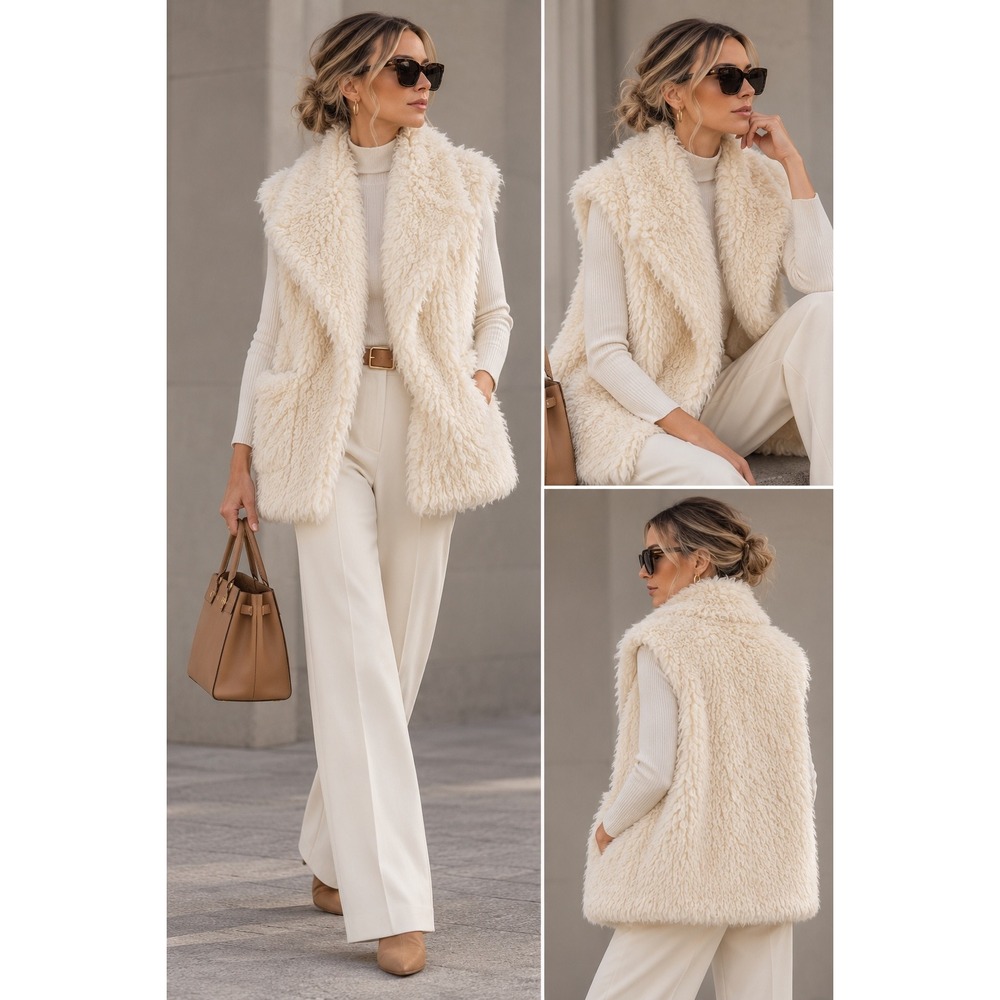 Pete & Greta Johnny Was Cream Faux Fur Shaggy Vest Lapel Lrg Boho Cozy Chic